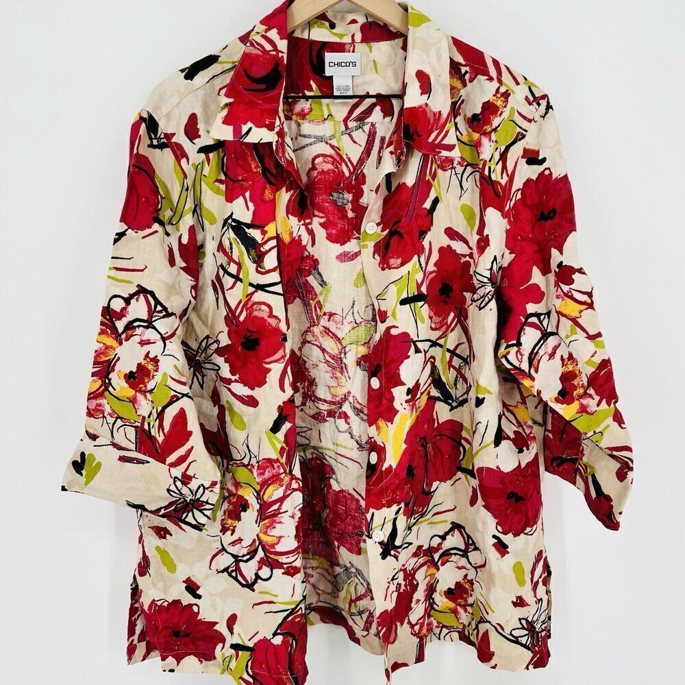 Chicos Size XLarge Pink Red Floral 100% Linen Button Front Blouse Tunic Top
